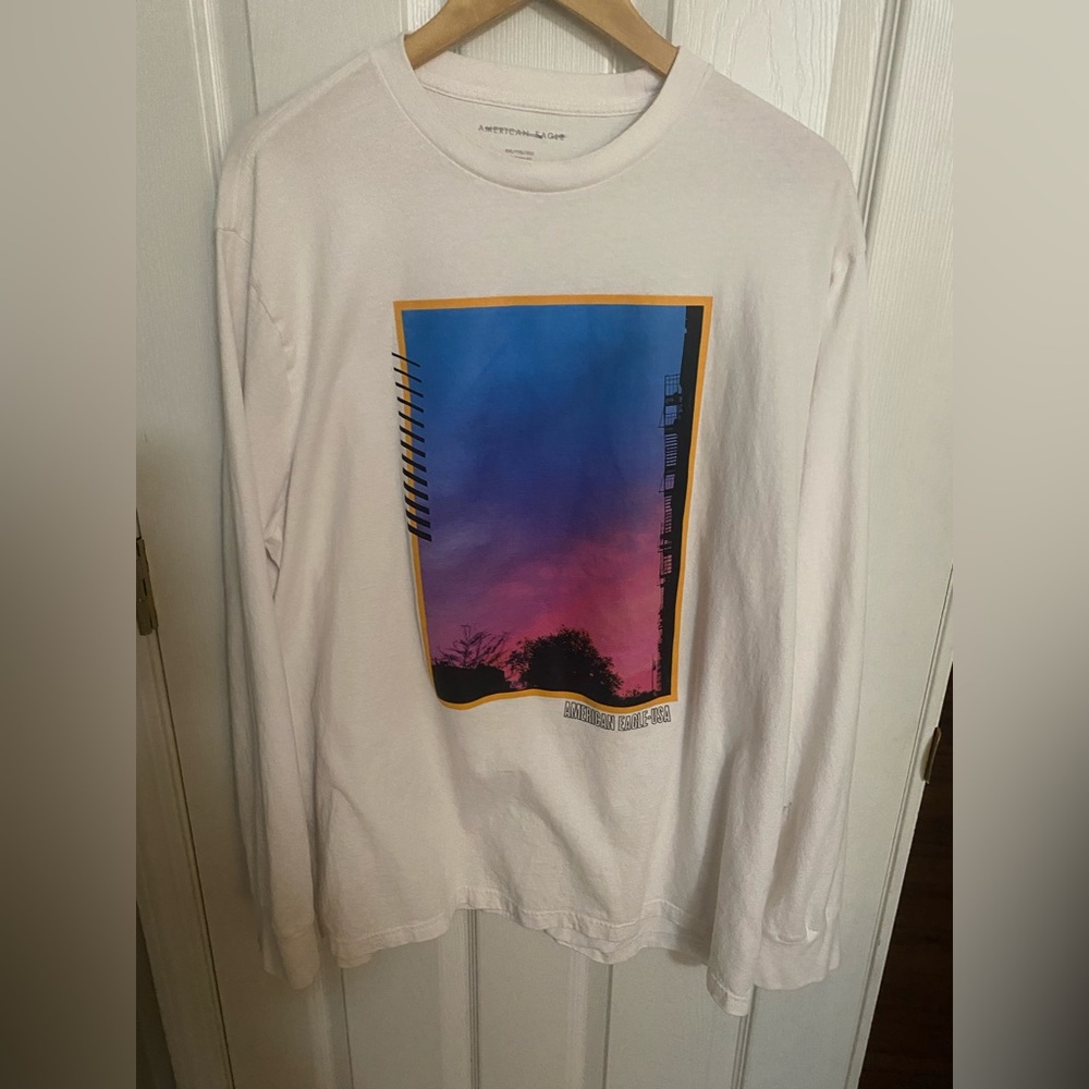 American Eagle White Graphic Long sleeve T Shirt.